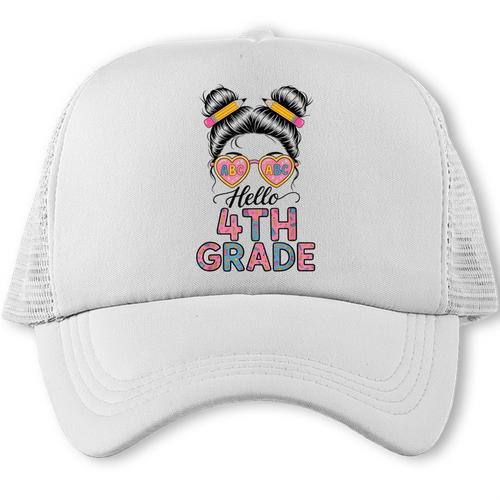 Hello 4th Grade Messy Bun Hair Back To School Girls Trucker Cap - Savourry