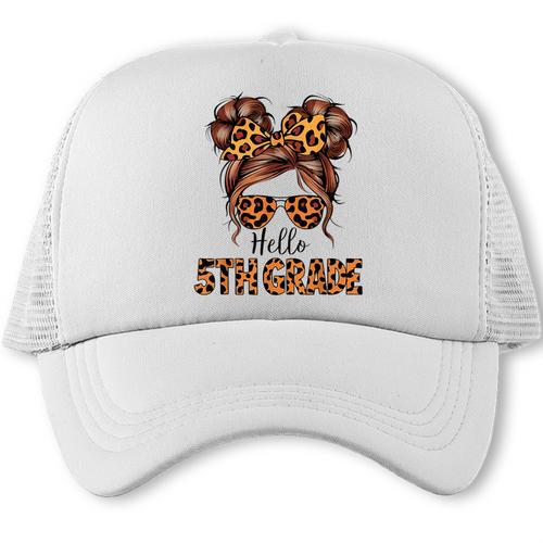 Hello 5th Grade Messy Hair Bun Girl Back To School First Day Trucker Cap - Savourry