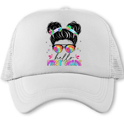 Hello First Grade Shirt Messy Bun Tie Dye Back To School Trucker Cap - Savourry
