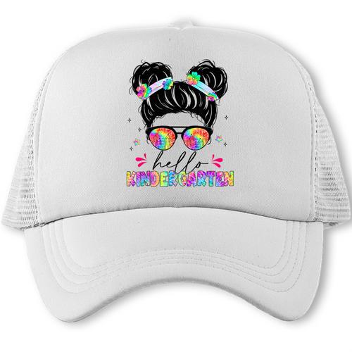 Hello Kindergarten Shirt Messy Bun Tie Dye Back To School Trucker Cap - Savourry