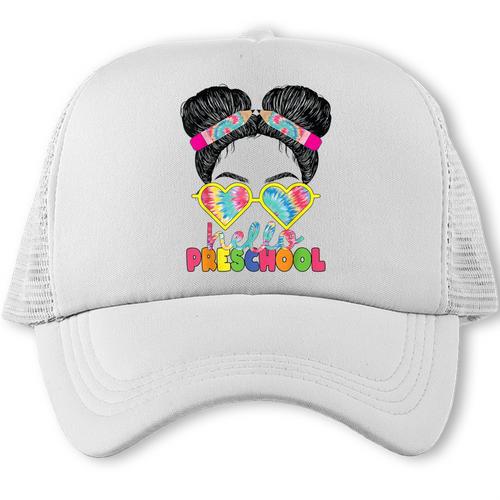 Hello Preschool Messy Bun Tie Dye Back To School Girls Kids Trucker Cap - Savourry