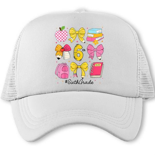 Hello Sixth 6th Grade Back To School Coquette Bow Girls Trucker Cap - Savourry
