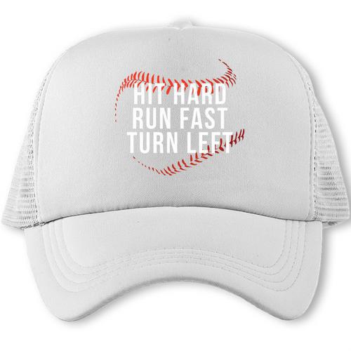 Hit Hard Run Fast Turn Left Baseball Player & Fan Premium Tri-Blend Trucker Cap - Sportilla