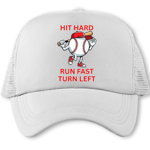 Hit Hard Run Fast Turn Left Baseball Player Premium Tri-Blend Trucker Cap - Sportilla