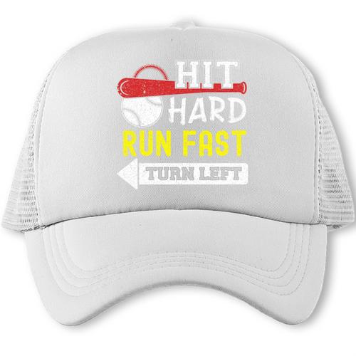 Hit Hard Run Fast Turn Left Baseball Quote Fan Coach Premium Tri-Blend Trucker Cap - Sportilla