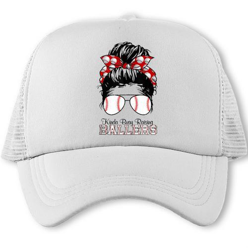 Kinda Busy Raising Ballers Messy Bun Funny Baseball Mom Trucker Cap - Sportilla