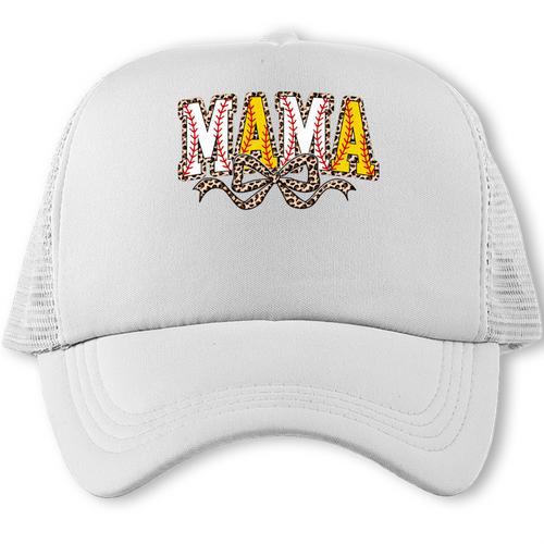 Leopard Baseball Softball Mama Bow Softball Baseball Mom Trucker Cap - Sportilla