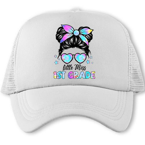Little Miss 1st Grade Messy Bun Back To School Girls Kids Trucker Cap - Savourry