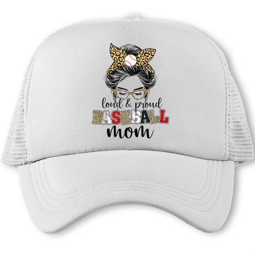 Loud And Proud Baseball Mom Messy Bun Leopard Baseball Mom Trucker Cap - Sportilla