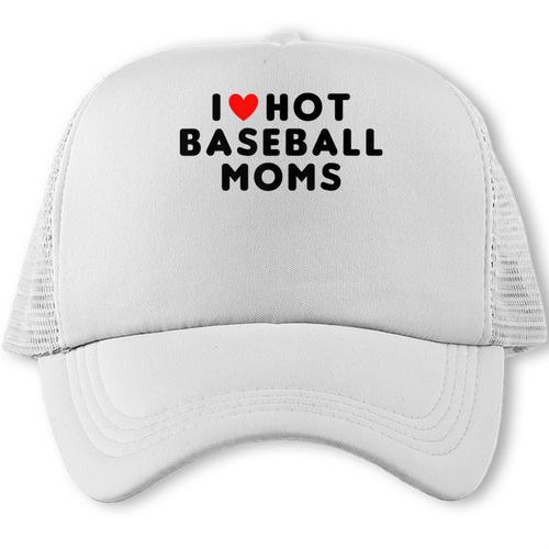 I Love Hot Baseball Moms Red Heart Trucker Cap - Sportilla