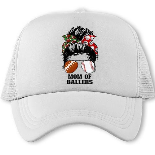 Mom Of Ballers Messy Bun Football Mom Baseball Mom Of Both Trucker Cap - Sportilla