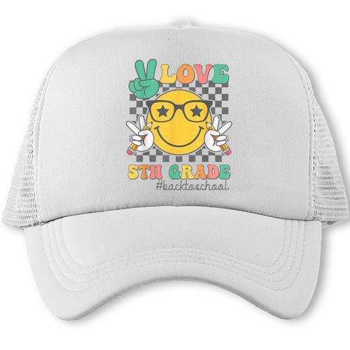Peace Love 5th Grade Cute Smile Face Back To School Girls Trucker Cap - Savourry