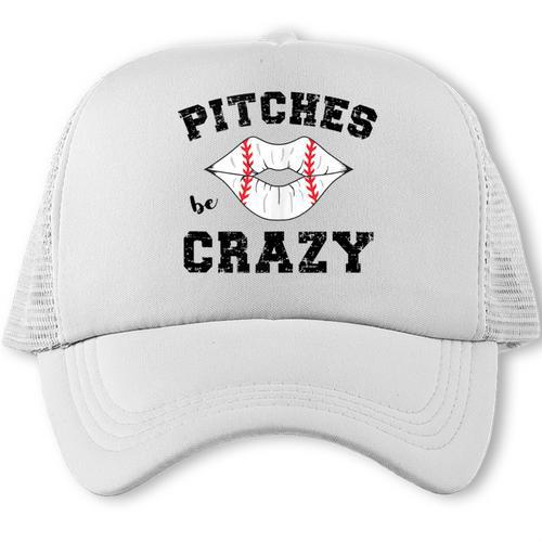 Pitches Be Crazy Baseball Moms Softball Players Hey Batter Trucker Cap - Sportilla
