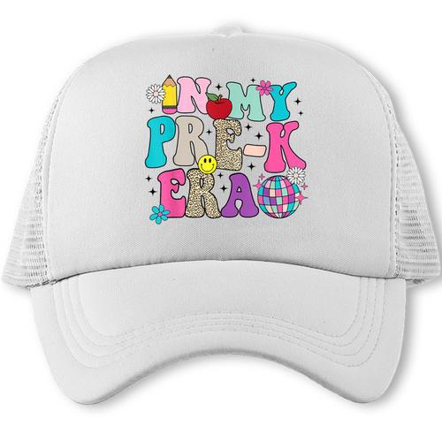 In My Pre-K Era Back To School Retro Groovy Preschool Trucker Cap - Savourry