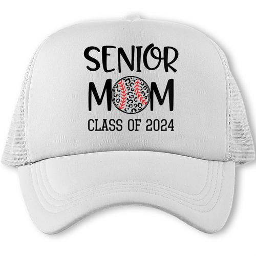 Proud Senior Baseball Mom Senior 2024 Class Leopard Game Day Raglan Baseball Tee Trucker Cap - Sportilla