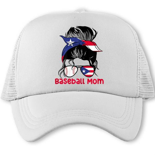 Puerto Rico Baseball Mom Messy Bun Boricua Trucker Cap - Sportilla