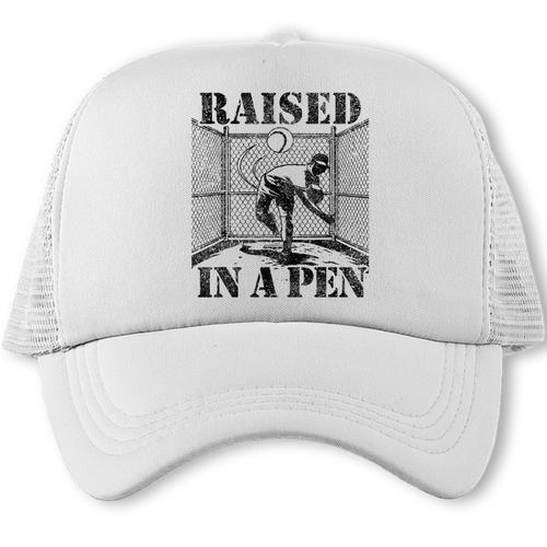 Raised In a Pen Baseball Pitcher Saying Bullpen Trucker Cap - Sportilla