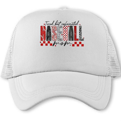 Retro Checkered Tired But Caffeinated Baseball Mom Leopard Trucker Cap - Sportilla