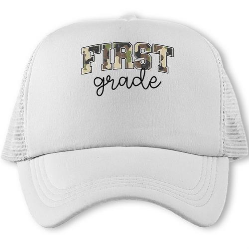 Retro First Grade Old Camo Back To School Boy Girl 1st Grade Trucker Cap - Savourry
