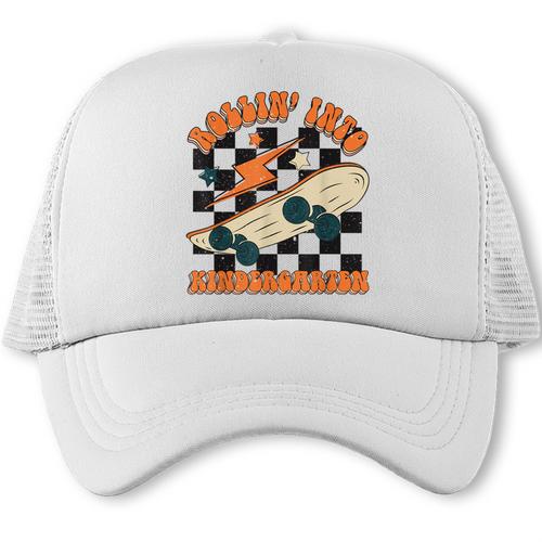 Rolling Into Kindergarten Retro Groovy Back To School Kids Trucker Cap - Savourry