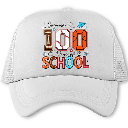 I Survived 100 Days Baseball Football Basketball School Kids Trucker Cap - Sportilla