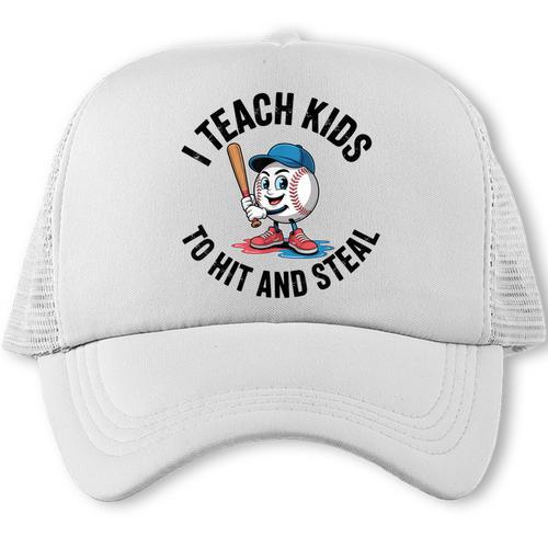 I Teach Kids To Hit And Steal Baseball Softball Coach Trucker Cap - Sportilla