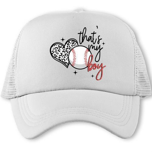 That's My Boy Leopard Heart Baseball Mom Premium Trucker Cap - Sportilla