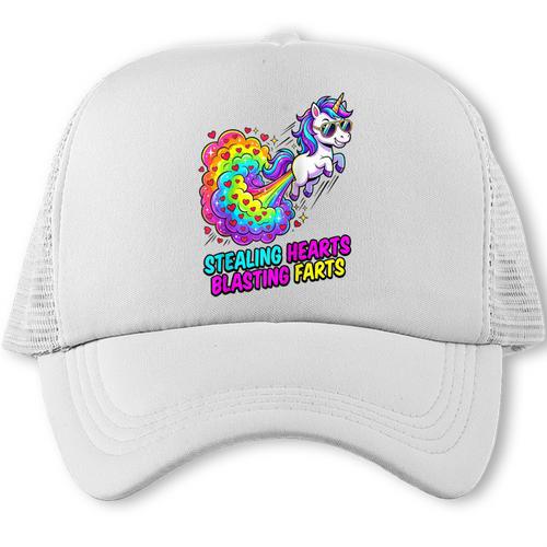 Unicorn Fart Valentine Stealing Hearts Blasting Farts Raglan Baseball Tee Trucker Cap - Sportilla