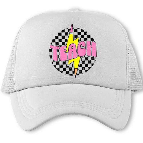 Women Checkered Teach Pencil Lightning Bolt Back To School Trucker Cap - Savourry