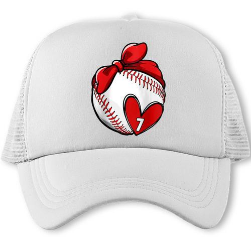 Womens Custom Baseball Mom Number 7 Heart For Mom Mommy Raglan Baseball Tee Trucker Cap - Sportilla