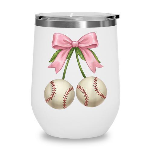 Baseball Girls Women Coquette Pink Bow Baseball Wine Tumbler - Sportilla