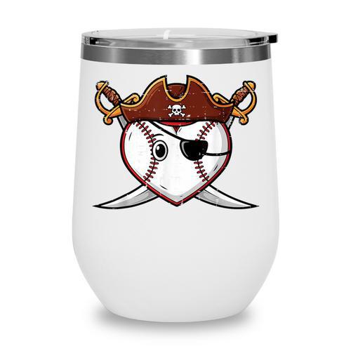 Baseball Heart Pirate Hat Crossed Swords Men Boys Kids Youth Wine Tumbler - Sportilla