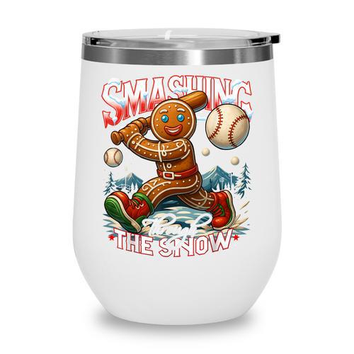 Baseball Player Christmas Gingerbread Smashing Through Snow Wine Tumbler - Sportilla