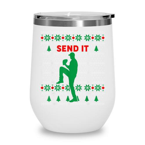 Baseball Player Christmas Pajama Send It Xmas PJs Boys Wine Tumbler - Sportilla