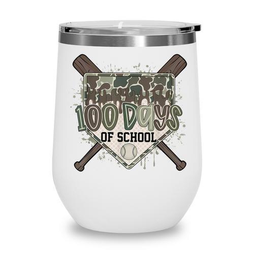 Camo 100 Days Of School Baseball Home Plate Drip Boy Kids Wine Tumbler - Sportilla