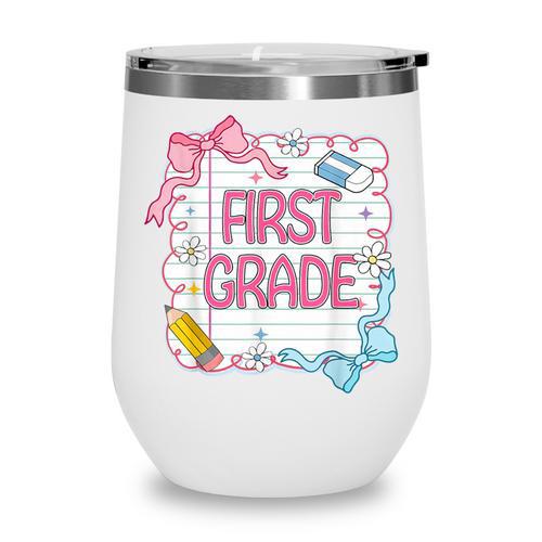 First Grade Back To School Girls Kids Coquette Bows Retro Wine Tumbler - Savourry