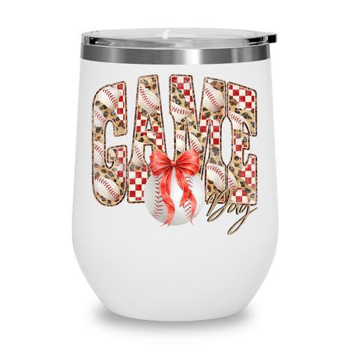 Leopard Checkered Game Day Baseball Coquette Bow Women Girls Wine Tumbler - Sportilla