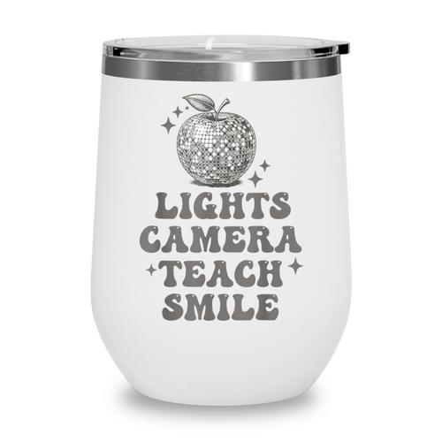 Lights Camera Teach Smile Disco-Ball Back To School Outfit Wine Tumbler - Savourry