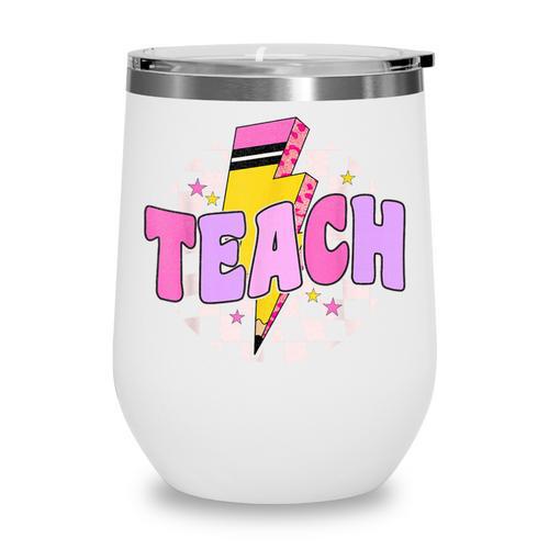 Retro Checkered Teach Pencil Lightning Back To School Wine Tumbler - Savourry