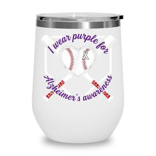 I Wear Purple For Alzheimers Awareness Baseball Heart Ribbon Wine Tumbler - Sportilla