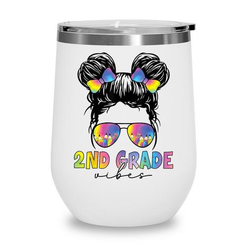 2nd Grade Vibes Messy Hair Bun Girl Back To School First Day Wine Tumbler - Savourry