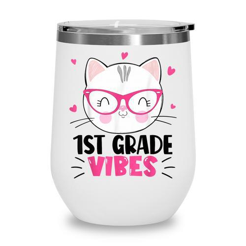 Cute 1st Grade Vibes Cat Kitten Lover Back To School Girls Wine Tumbler - Savourry