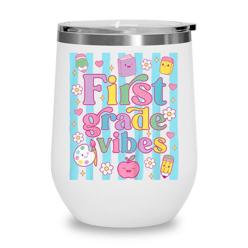 First Grade Vibes Cute Groovy Back To School 1st Grade Girls Wine Tumbler - Savourry
