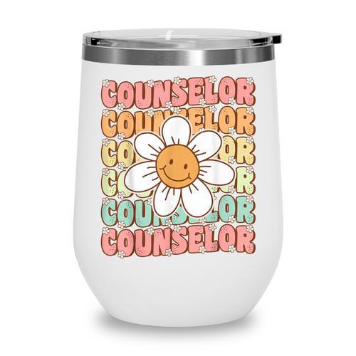 Groovy School Counselor Cute Daisy Flower Back To School Wine Tumbler - Savourry