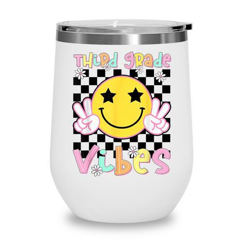 Third Grade Vibes Groovy Smile Face Back To School Girl Kid Wine Tumbler - Savourry