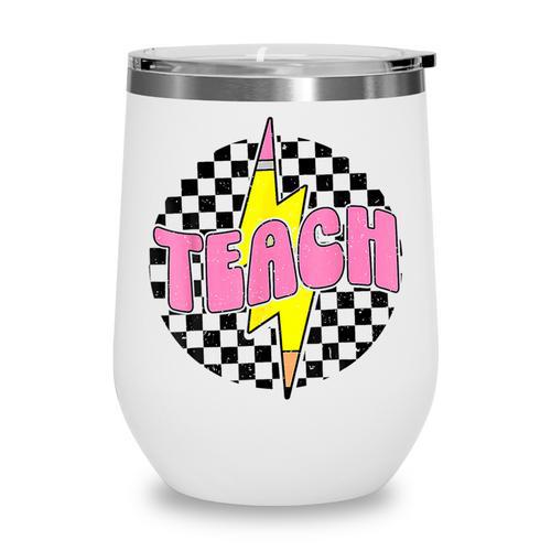 Women Checkered Teach Pencil Lightning Bolt Back To School Wine Tumbler - Savourry