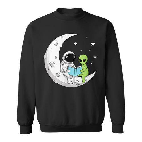 Astronaut And Alien Reading On Moon Space Book Lover Sci Fi Sweatshirt - Bookorys