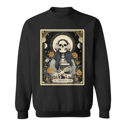 The Audiobook Girl Books Headphones Tarot Card Skeleton Sweatshirt - Bookorys AU