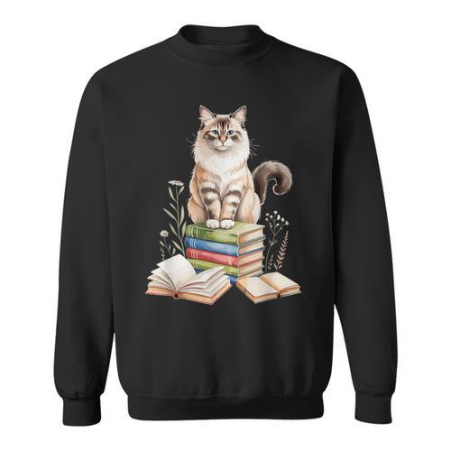 Balinese Cat Longhaired Siamese Books Flowers Book Reading Sweatshirt - Bookorys