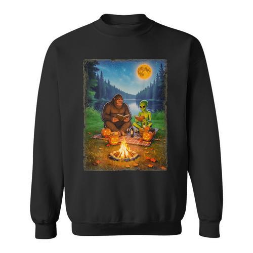 Bigfoot And Alien Reading Books Campfire Halloween Sweatshirt - Bookorys CA